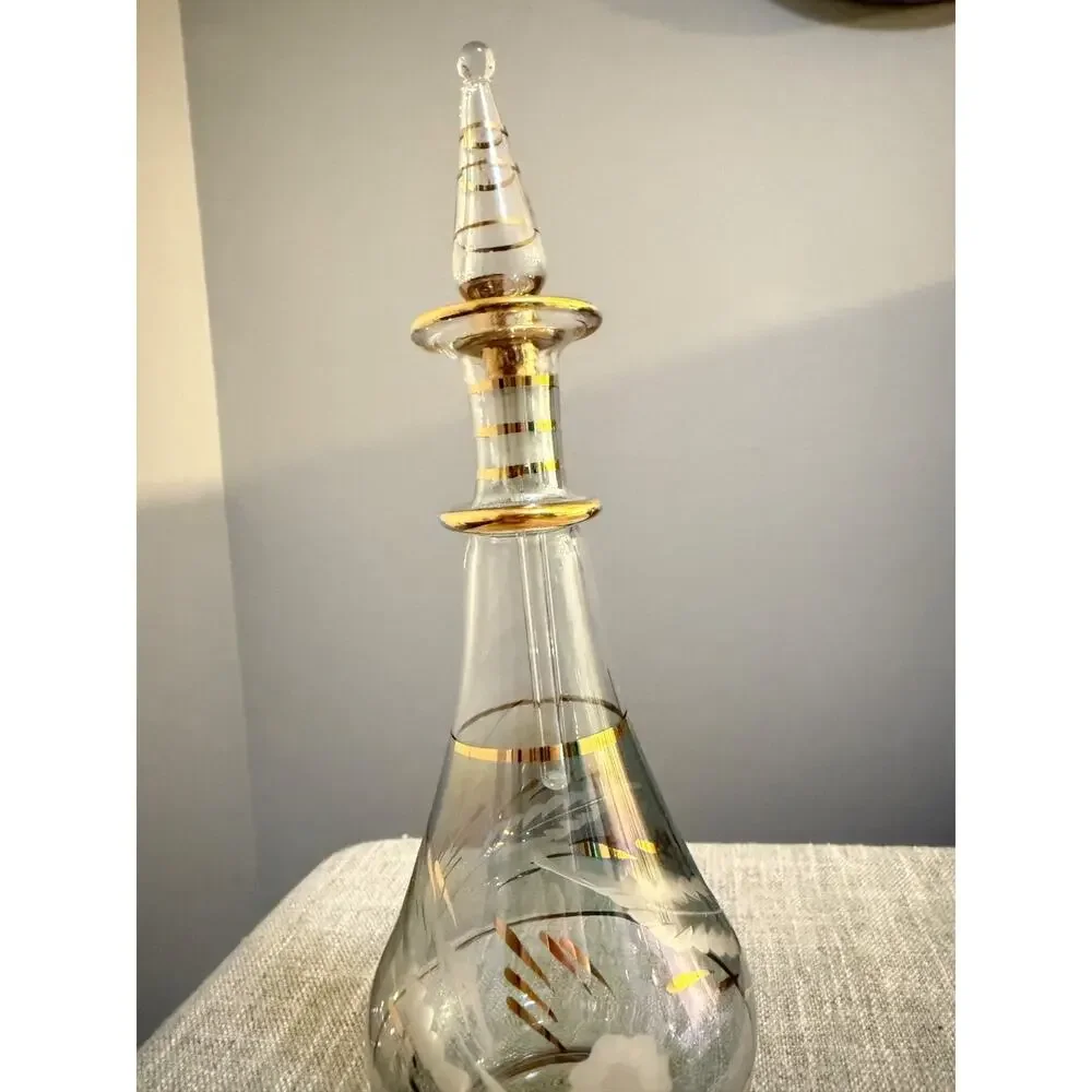 ✨ Vintage Iridescent Glass Bottle w/ Stopper Gold Trim | 9” Tall ✨